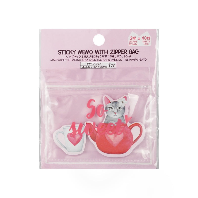 Sticky Memo With Zipper Bag - Hokkori Animal (Cat) - 80 Sheets