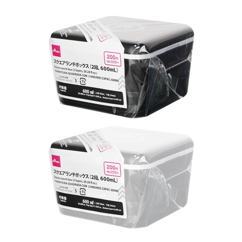 Two Layers Square Lunch Box 600ml Black/Grey