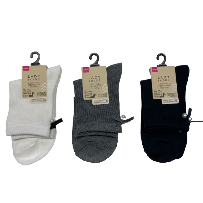 Crew Socks Adult Ribbed with Ribbon Pearl