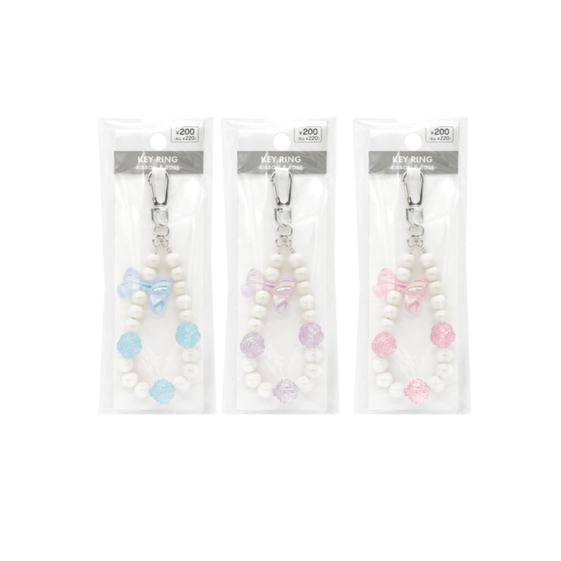 Ribbon & Rose Motif Beads Keychain Blue/Purple/Pink