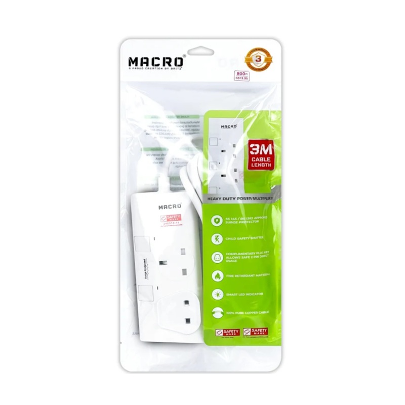 Two Way Extension Socket with Surge 3m White
