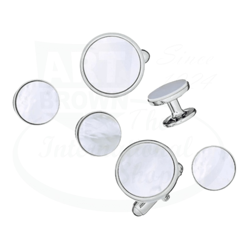 Classic Round Gemstone Cufflinks and Tuxedo Studs in Mother of Pearl