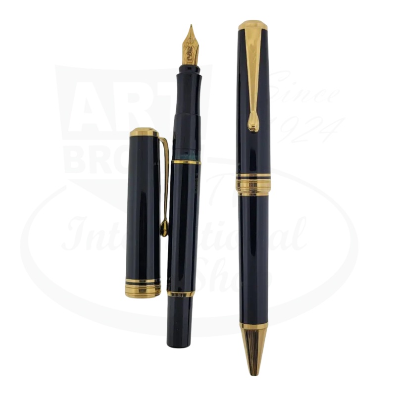 Preowned Refurbished Rollerball & Fountain Pen Set, Black and Gold