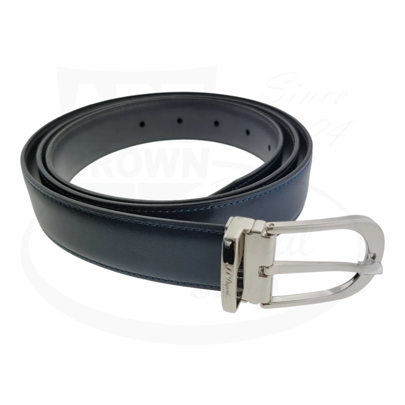 S.T. Dupont Reversible Line D Blue & Gray Leather Belt with Palladium Buckle