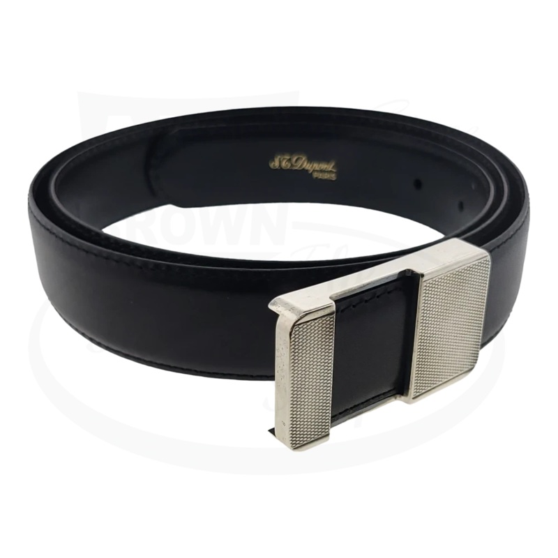 Vintage S.T. Dupont Black Leather & Palladium Diamond Head Belt, 051063